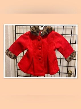 Patpat Baby Girl Red Button Hooded Coat ~ Animal Print Hood ~ Size 0-3 Mo.